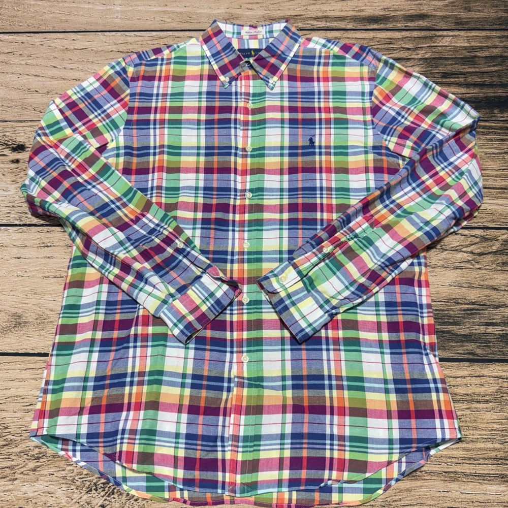 Ralph Lauren Button Down Shirt Mens Large Multi Color Indian Madras Plaid Pony